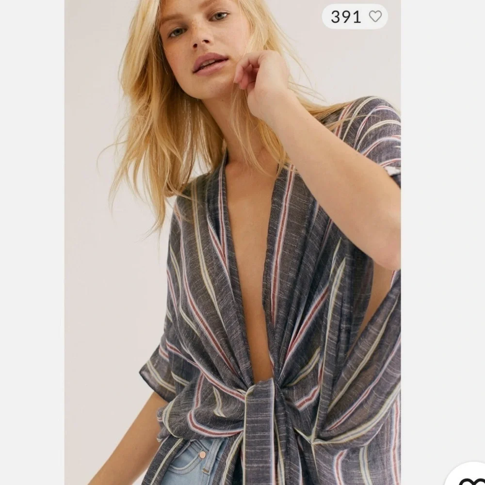 Free People- There She Goes Ruffle Stripe Kimono - Denim - OS